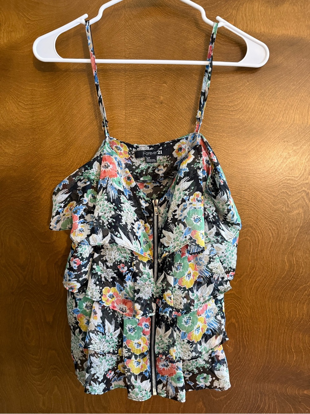 Forever 21 Black Floral Ruffle Zip Cami